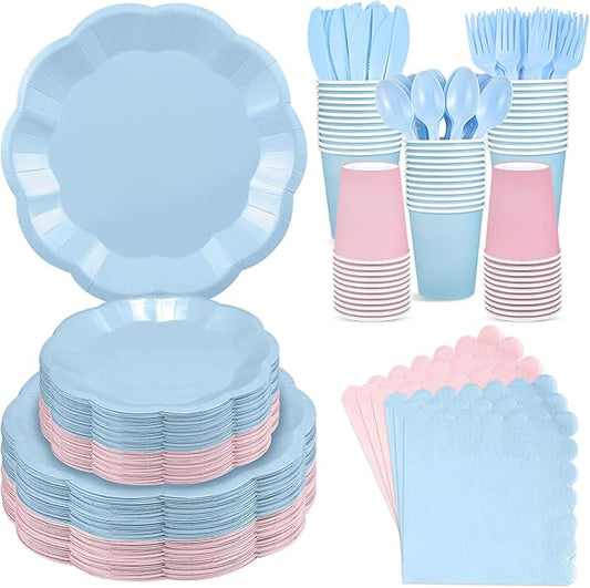 NatNarr 350 Pcs Baby Gender Reveal Party Supplies Include Scalloped Plate Napkin Cup Forks Knives, Light Pink and Light Blue Plastic Cutlery 50 Guest Disposable Party Tableware Set for Baby Shower