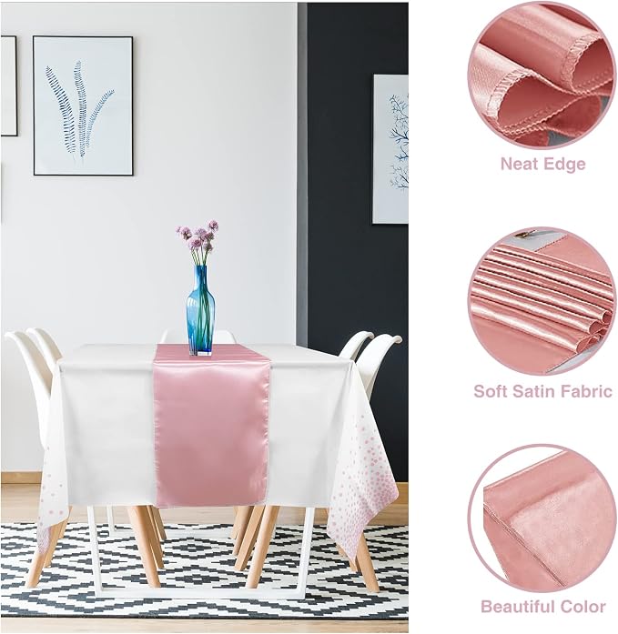 Disposable Plastic Tablecloth (White and Rose Gold Dot) And Satin Table Runner (Rose Gold) Set for Wedding Birthday Baby Shower Anniversary Christmas New Year Party, 16 Pack