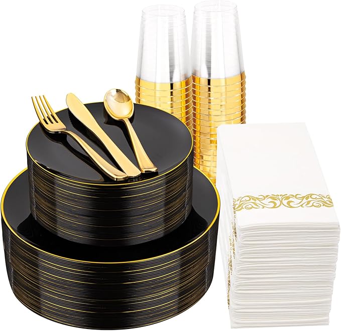 Supernal 350PCS Black and Gold Plastic Dinnerware Set (Serves 50 Guests) - Elegant Black Plates with Gold Rimmed Edges, Disposable Gold Silverware, Cups, Napkins for Party, Wedding,Celebration