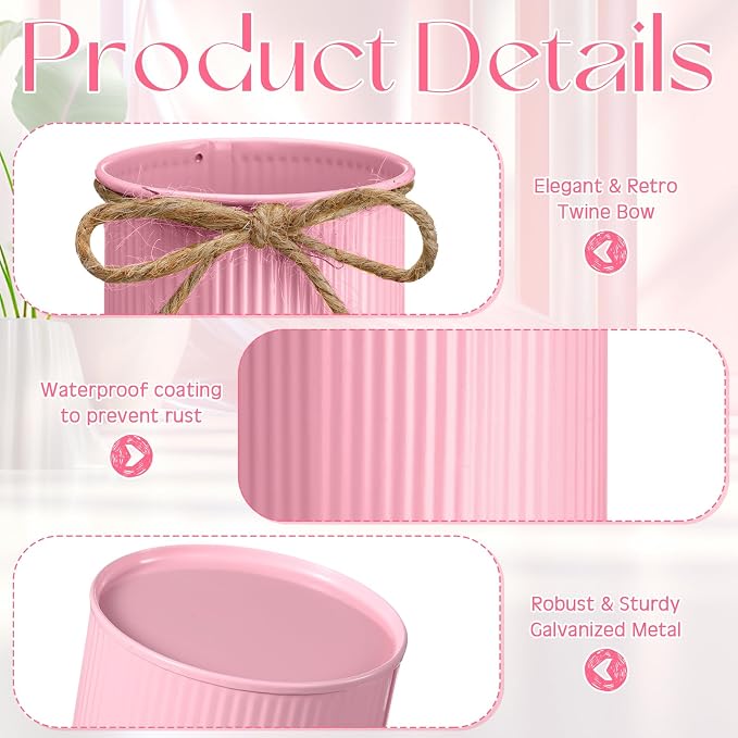 Rustic Vase for Table Centerpieces 4.33 Inch Small Petite Flower Vase with Twine Bow Vintage Farmhouse Decor for Wedding Reception Dining, Home Galvanized Metal Buckets(Pink,24 Pcs)