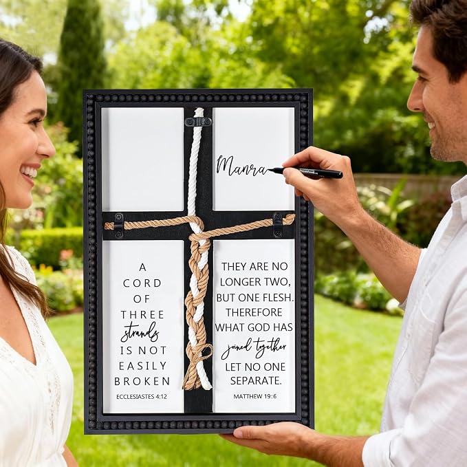 Farmhouse A Cord of Three Strands Wedding Ceremony Sign with Wooden Bead and Hanging Hook, Vintage Rustic Wood Unity Cross for Wedding Ceremony, 11 X 15 Religious Christian Wall Decor Gift for Couple