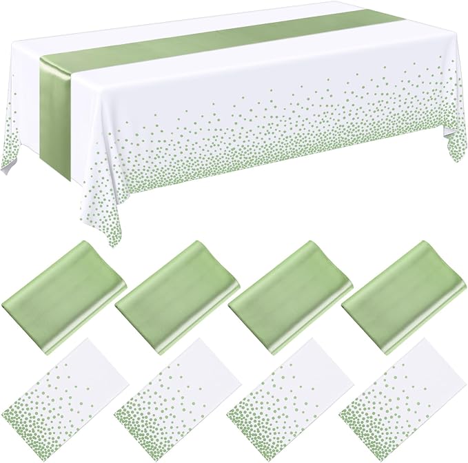 Breling 8 Pack White and Sage Green Disposable Plastic Tablecloths and Satin Table Runner Set, 54 x 108 Inch Tablecloth, 12 x 108 Inch Table Runners for Wedding Graduation Birthday Baby Shower