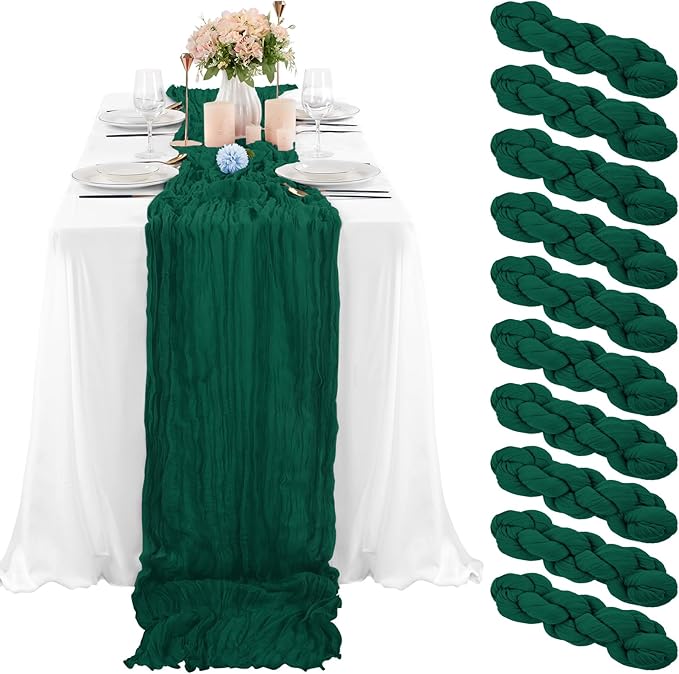 10 Pcs Dark Green Cheesecloth Table Runner 10FT, Gauze Table Runner for Wedding Reception Sheer Bridal Shower Birthday Party Boho Table Decoration, Rustic Romantic Wedding Runner