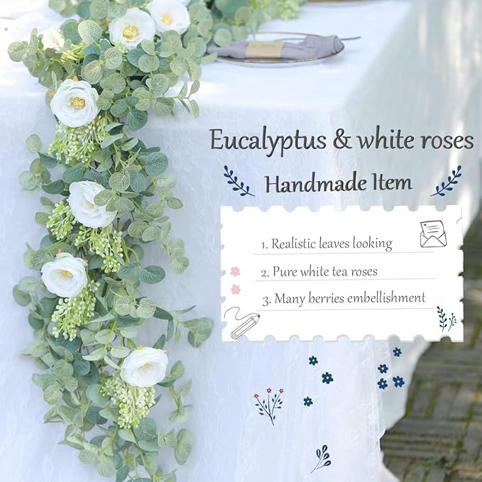 PARTY JOY 2pcs 6.56ft Eucalyptus Garland with Flowers-8 White Roses, Artificial Fake Flowers Greenery Garland Floral Vines for Decoration Party Wedding Table Indoor Outdoor Backdrop Wall Decor(White)