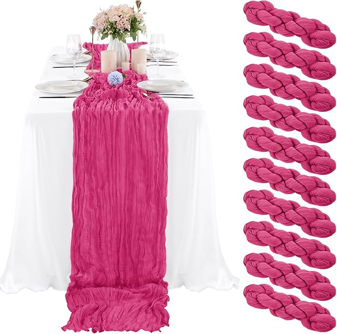 10 Pcs Hot Pink Cheesecloth Table Runner 10FT, Gauze Table Runner for Wedding Reception Sheer Bridal Shower Birthday Party Boho Table Decoration, Rustic Romantic Wedding Runner