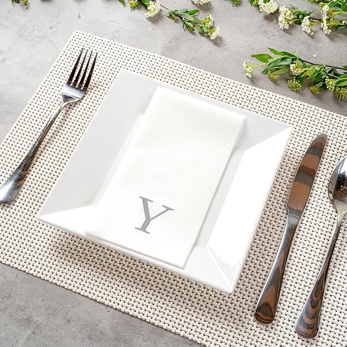 Luxenap 15.8 X 7.9 Inch Linen-Feel Guest Towels, 50 Lettered Hand Towels - Silver Letter 'Y', Sans Serif Font, White Paper Dinner Napkins, airlaid, For Restrooms And Tables - Restaurantware