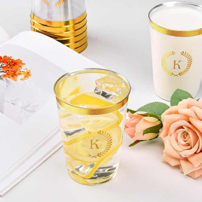 100 Pieces Monogrammed Plastic Cups Gold Foil Letter K Disposable Cups 12 oz Clear Initial Party Cups for Wedding Birthday Baby Shower Personalized Party Drinkware