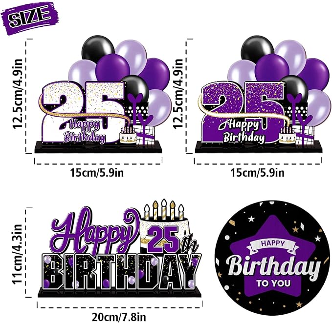 LINGTEER Happy 25th Birthday Purple Acrylic Table Topper Centerpieces Set - Cheers to 25 Years Old Birthday 25th Bday Party Gift Decorations.
