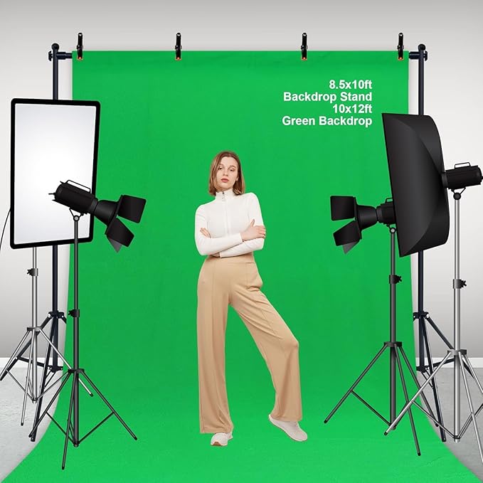 2-in-1 Green Backdrop Stand Kit - 8.5x12 ft Green Backdrop with 10x8.5ft Portable Photography Stand for Video Streaming,Zoom Meetings,Parties,Anti-Wrinkle Polyester Fabric