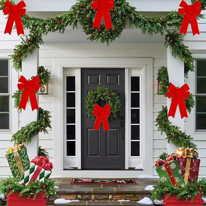 Hongsome 10 Pack Red Bows Christmas Tree Decorations,9”x13”Large Velvet Ornament Bow with Glitter Gold Edge for Xmas Home Wreath Fence Stairs Railing Fireplace Indoor Outdoor Front Door Decor
