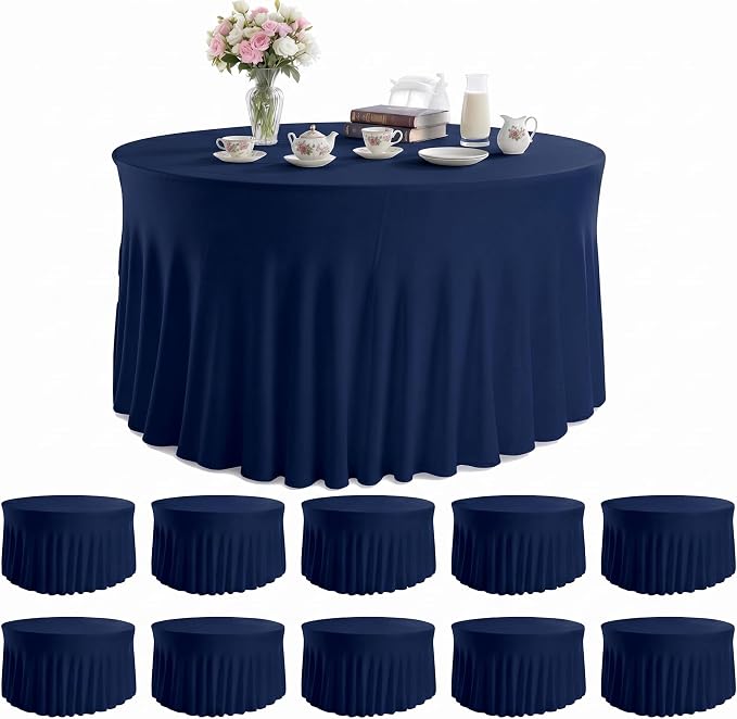 10 Pack Navy Blue Round Spandex Tablecloths for 60in Tables, 120 Inch Stretch Fitted Table Skirts, Wrinkle-Free Washable Polyester Covers for Wedding, Banquet & Party