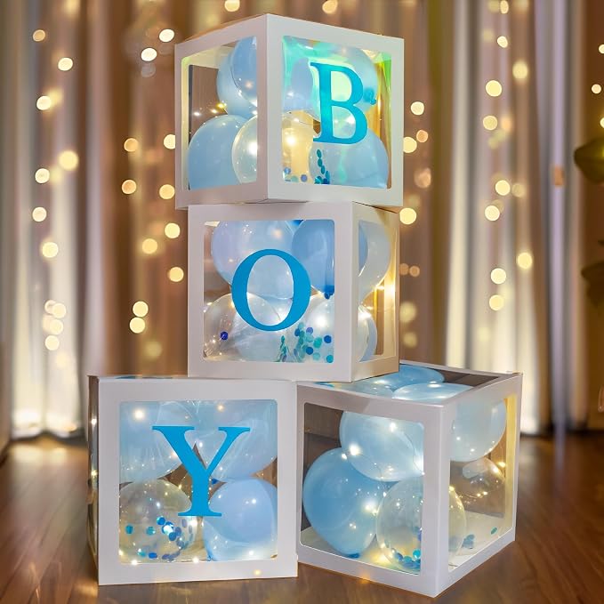 Uptotop Baby Shower Decorations Clear Balloon Blocks with Fairy String Lights, 4 Pack Transparent Balloon Boxes Including 30 Letters, 4 Warm White Fairy Lights & 36 Latex Balloons, Blue