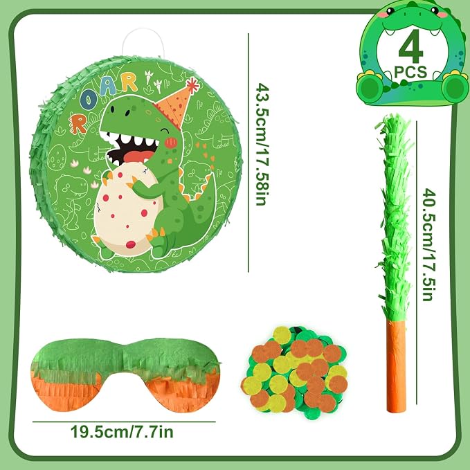 4 In 1 Dinosaur Round Piñata, 17.58'' Dinosaur Piñata Bundle, Dinosaur Birthday Party Decorations Stick etc Dino Party Pinata for Dinosaur Party Favor Bag Fillers Decorations