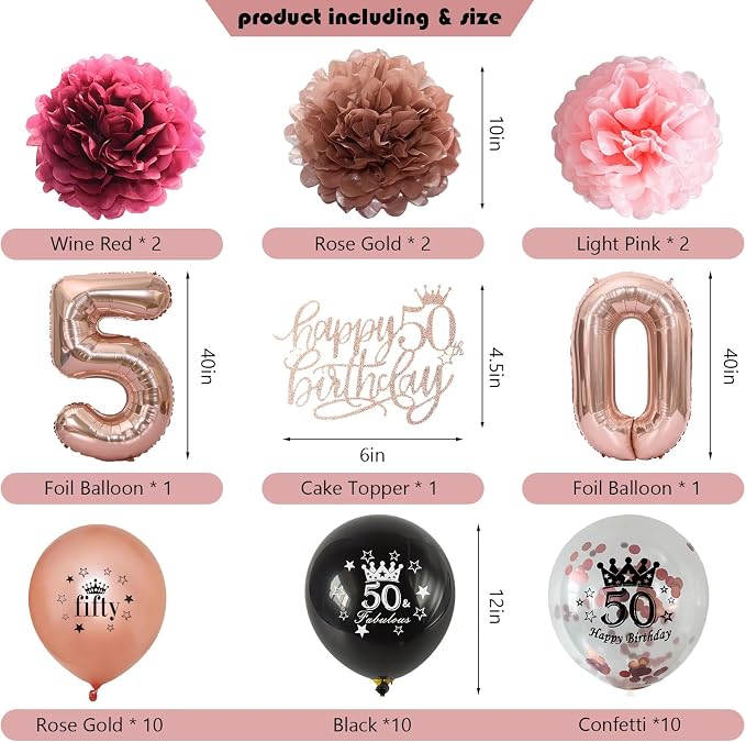50th Birthday Decorations for Women, JKIYT Black Rose Gold Happy 50 Years Old Decor for Her Include Sash and Crown, 30pcs Balloons Banner 40" Number Balloons, Backdrop Cake Topper & Paper Pom Poms