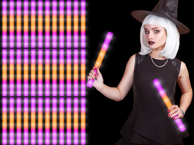 Retisee 36 Pcs 16 Inch Halloween Glow Sticks Bulk LED Foam Sticks Orange and Purple Light up Party Favors Glow in the Dark Light Sticks with 3 Flashing Modes for Birthdays Weddings Raves Concerts