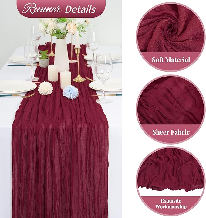 10 Pack Burgundy Red Christmas Table Runner 10FT Cheesecloth Boho Rustic Gauze 20 x 120 Inch Cheese Cloth Runner for Wedding Party Bridal Shower Thanksgiving Christmas Decoration