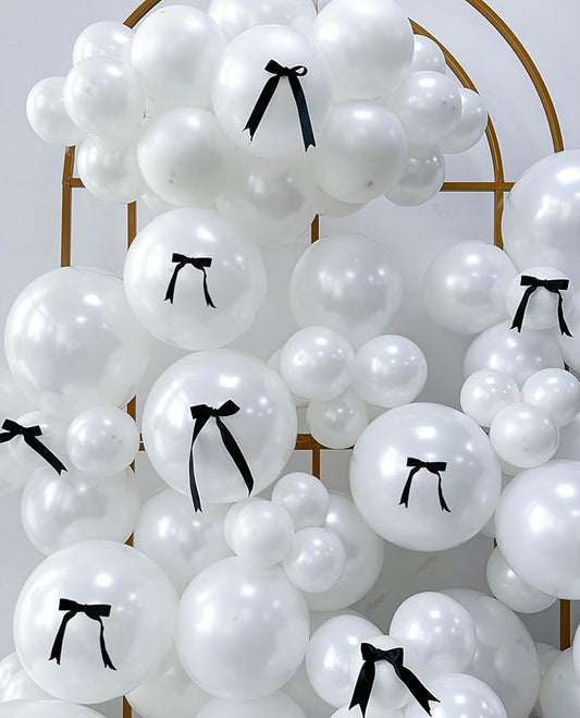185pcs Double Stuffed Pearl White Balloon Garland Arch Kit with Black Bows, Snow White Balloons Different Sizes 5" 10" 12' 18" For Birthday Wedding Bride Shower Baby Shower Party Decoration