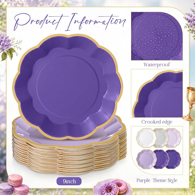 72 Pcs Purple Paper Plates 9 Inch Lavender Gradient Scalloped Paper Disposable Dinner Dessert Plates for Birthday Wedding Bridal Baby Shower Party Supplies, 6 Colors