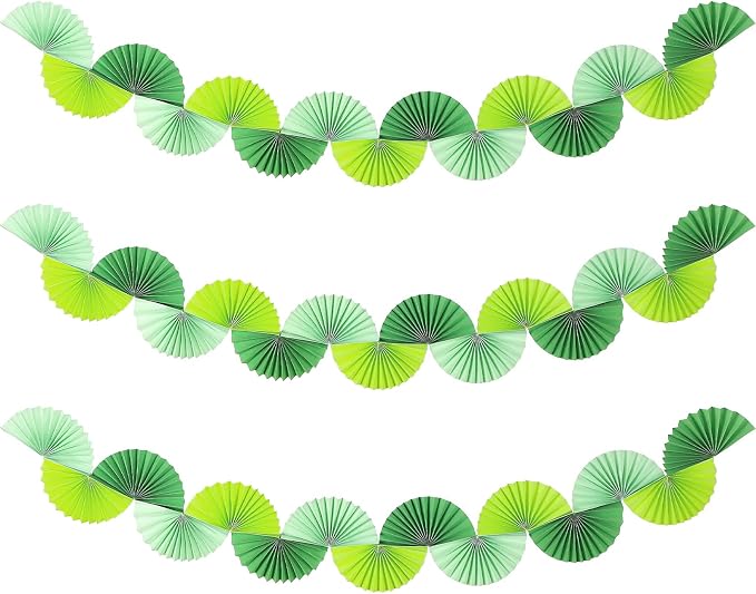 3 Pack Wedding Paper Fans Garland 15.6ft Colorful Background Ceiling Hanging Decorations Paper Garland Decorations Set for Birthday Party Supplies 3D Bachelorette Party Decorations (Green)