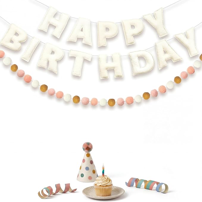 Mindsoft 2 Pcs 9.83ft Pre Strung 3D Happy Birthday Felt Fabric Banner with Ball Garland Reusable Pom Pom Garland for Birthday Party Decorations Sign Photo Prop Boys Girls(Bohemia Color)
