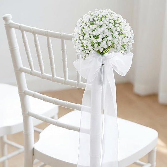 Thiccywoov Set of 10 Wedding Aisle Decorations for Wedding Ceremony, Pre-Assembled Pew Flowers for Church Chair Decorations Party Decor with Artificial Flowers Baby's Breath with Sash Ribbon