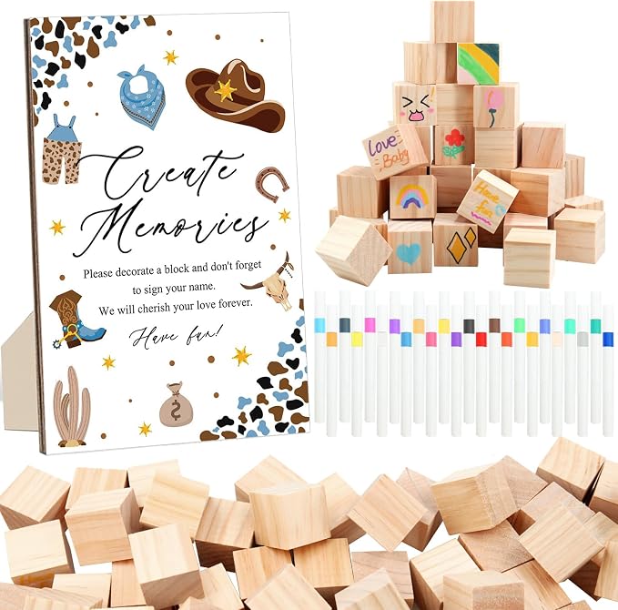 97 Pcs Baby Shower Games Sign Kit,Including Decorate a Block Game Sign 72 DIY Blank Wooden Block 24 Pen to Draw Your Idea for Cowboy Baby Shower Party Game Gender Reveal Party