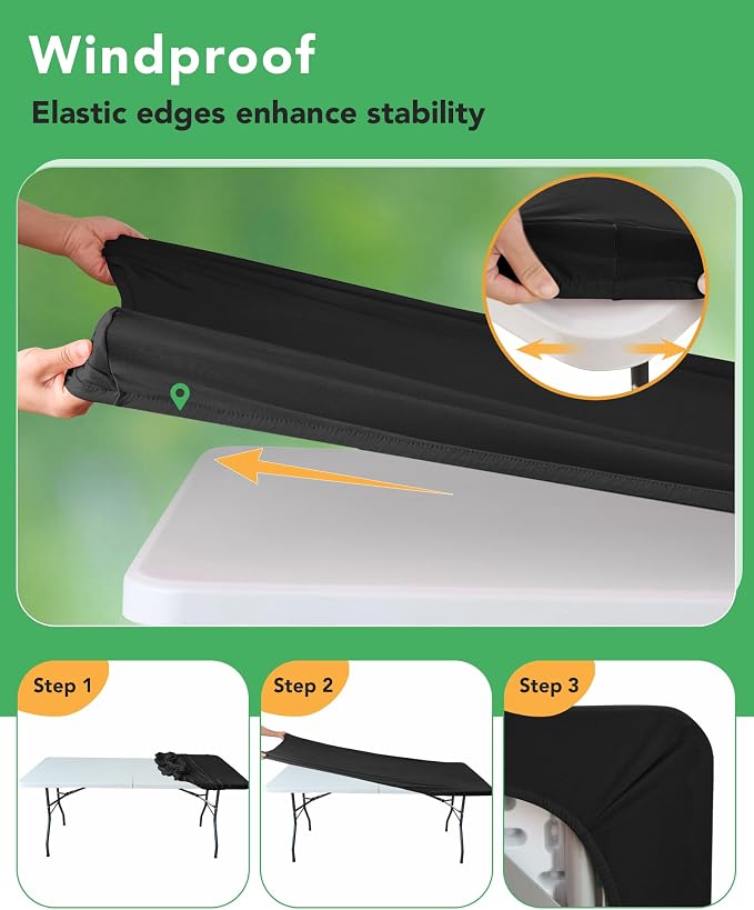 KeyWave Fitted Tablecloth Rectangle Table Cloths - 6 Pack 8 Foot Elastic Stretch Folding Table Top Cover Water-Resistant Reusable for Outdoor Picnic Camping Party Event, Black, 96" L x 30" W