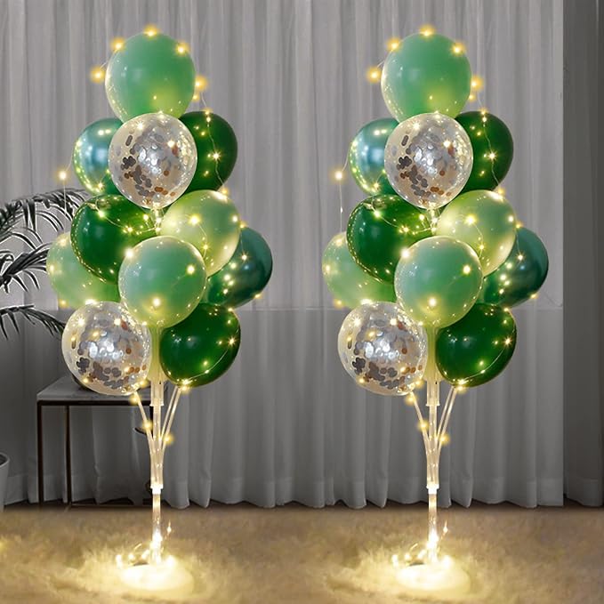 Balloon Stand for Floor with String Light 2 Set Green Centerpieces Balloon Holder Decoration for Wedding Baby Shower Birthday Party Surprise Nature Forest Theme Party