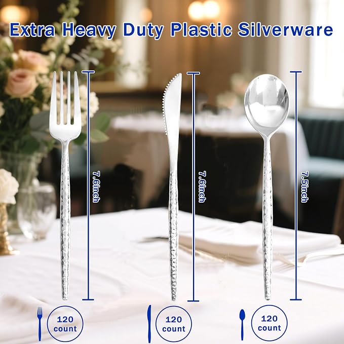 Supernal 360pc Silver Plastic Silverware, Heavy Duty Disposable Utensils | Hammered Flatware Cutlery (120 Forks, 120 Knives, 120 Spoons) Bulk Pack for Weddings, Parties, and Holiday Theme Catering