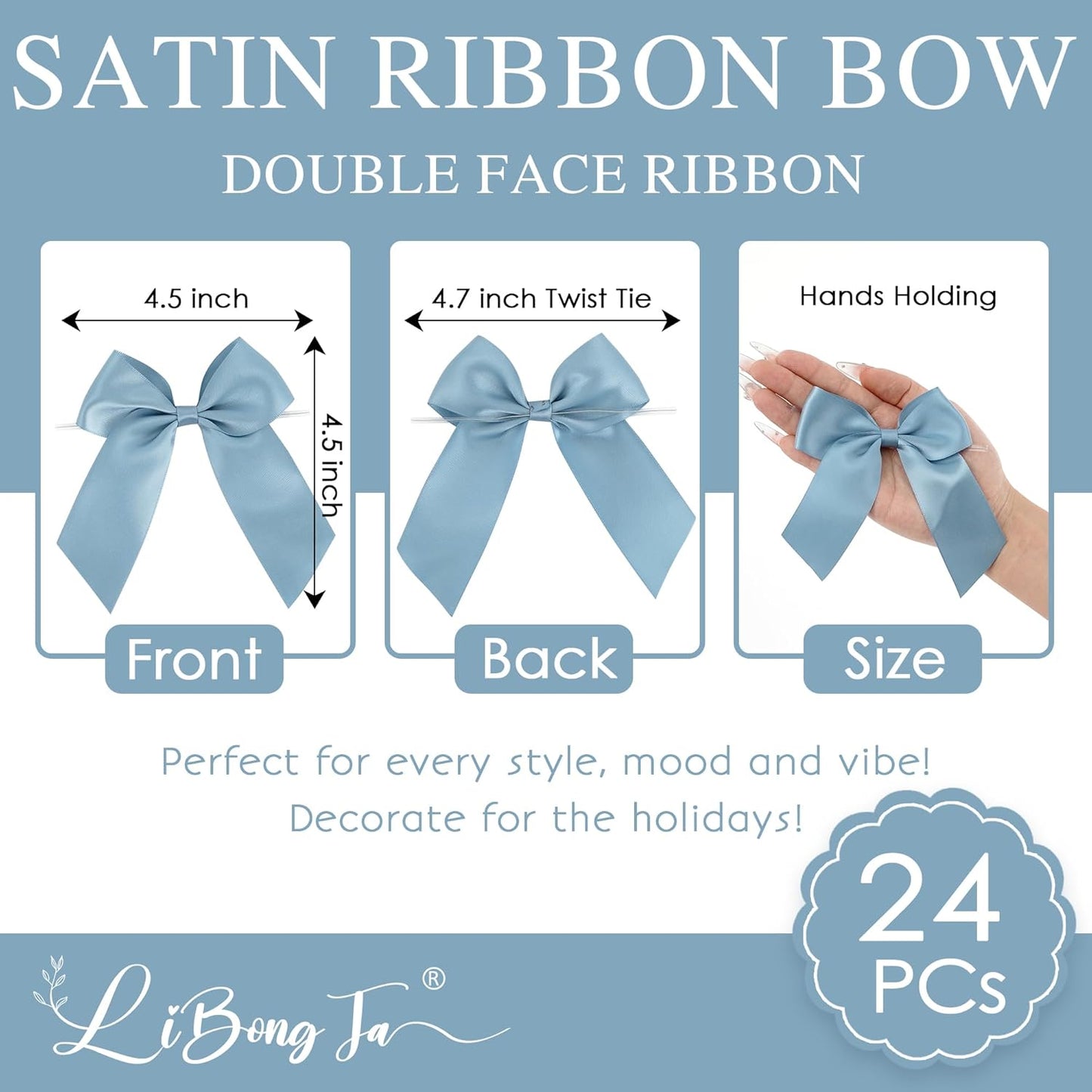 4.5" Satin Ribbon Dusty Blue Bows for Gift Wrapping, Twist Tie Bows, Cute Bows for Crafts, Party Favors, Premade Bows Pre-Tied Decorative Bows for Flower Bouquets Candy Apple Bows-24 Counts