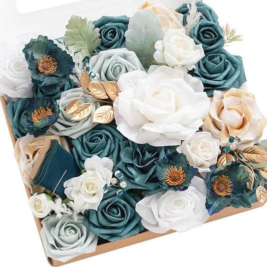 Ling's moment Fake Flowers Box, Faux Artificial Greenery Stems Foam Roses Silk Poppy Fabic Flower for Centerpieces Bouquet Wedding Table Floral Vase Bridal Shower Party, White & Teal, Grand Combo