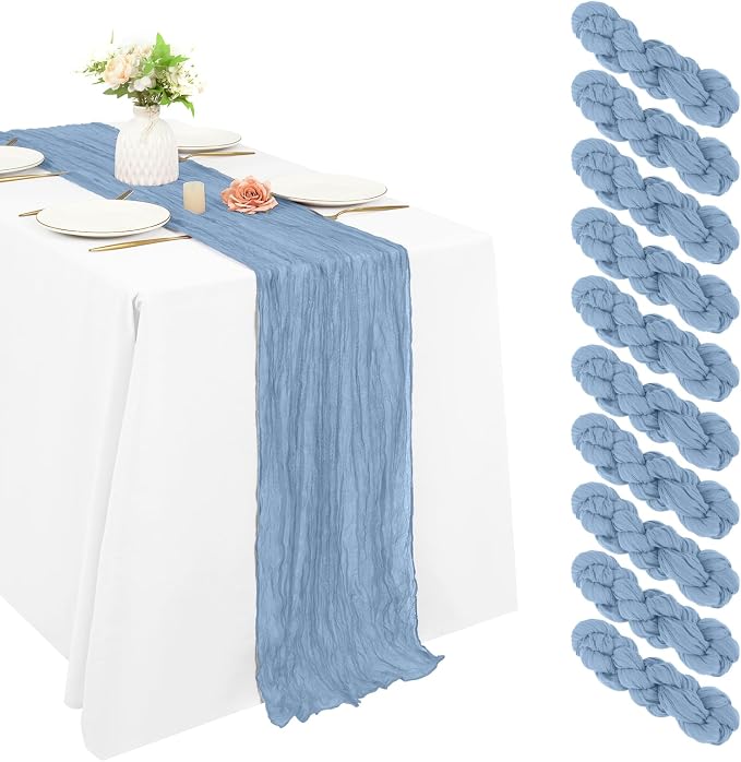 10 Pack Cheesecloth Table Runner 17 x 108 inch Long Boho Gauze Table Runners Semi Sheer Table Runner for Wedding Decor, Baby Shower, Birthday Party, Banquet (Dusty Blue)