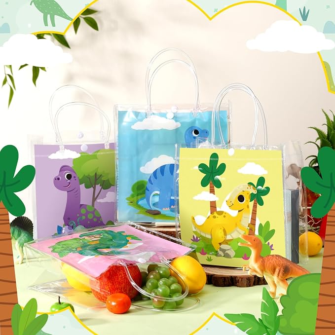 Teenyyou 24 Pcs Dinosaur Clear Gift Bags with Handles Cute Dinosaur Party Favor Candy Snack Treat Bags for Birthday Baby Shower Dino Theme Party Supplies