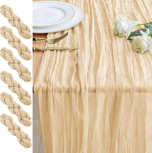 6PCS Table Runner Cheesecloth 10FT Sand Boho Gauze Cheese Cloth Rustic Sheer Table Runners for Wedding Bridal Baby Shower Party Decoration