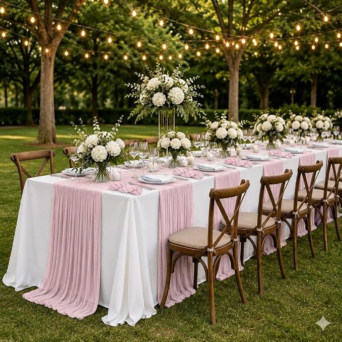 Cinrobiye 12 Pack Boho Wedding Table Decor Set, 6 White Tablecloths and 6 Cheesecloth Table Runners, Gauze Table Runner and Tablecloth Kit for Wedding Baby Shower Bridal Shower Party Reception(Pink)