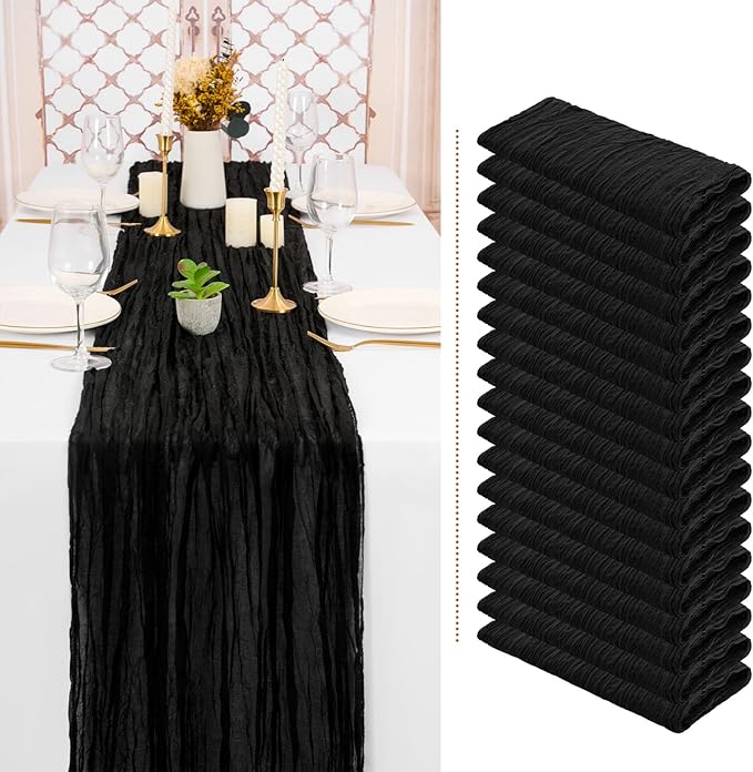 Showgeous 18 Pack Black Cheesecloth Table Runner Gauze Table Runner 10FT Long Semi-Sheer Table Runner Boho or Rustic Wedding Table Decor for Wedding Decor Arch Draping Bridal Shower Holiday Party