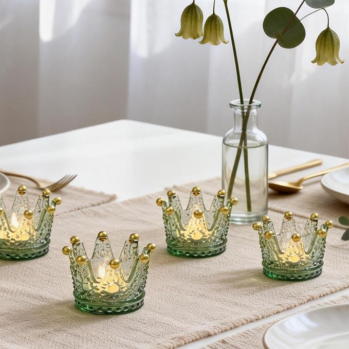 Rubtlamp 6 Pack Green Gold Crown Candle Holders, Glass Votive Candle Holders, Vintage Tealight Candle Holders for Table Centerpieces, Wedding, Bridal Shower, Birthday