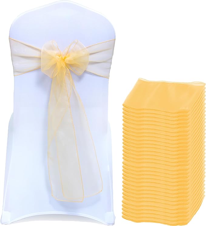 MDS® Pack of 10 Organza Chair Sashes for Wedding Decoration, Reusable Sheer Chair Bows for Banquet Chair Cover, Reception, Bridal Shower, Baby Shower, Birthday Party & Special Events - Gold