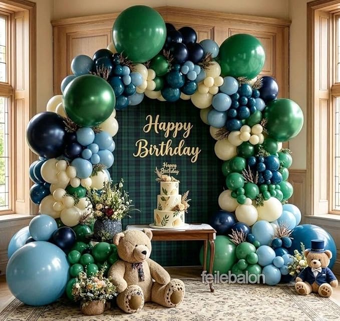 Navy Blue Green Balloon Arch Kit Double Stuffed Emerald Forest Dark Green Blue Sand White Beige Ivory Balloon Garland for Bear Baby Shower Birthday Graduation Wedding Bridal Anniversary Party Decor
