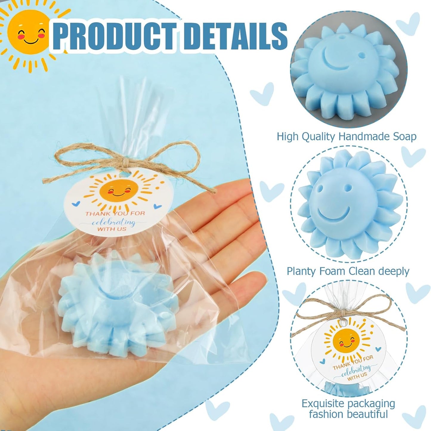 Demissle 20 Pcs Sun Soap Baby Shower Favors for Sunshine Party Here Comes the Son Baby Favors Mini Handmade Soap Gifts with Thank You Card for Guest Gender Reveal Party Decor(Blue)