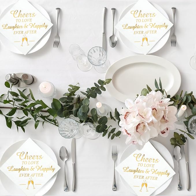 200 Pcs Wedding Napkins for Reception Disposable Bridal Shower Napkins Gold Foil Wedding Decorations Mr and Mrs Napkins for Engagement Party Decoration Cocktail Beverage Dessert (Delicate Styles)