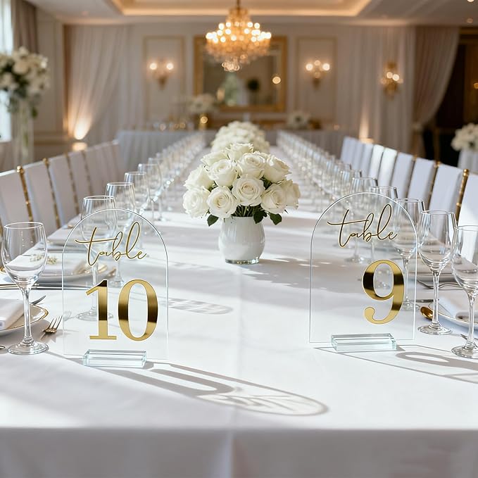 Wedding Table Numbers 1-10 with Holders, 5 x 7 Inch Transparent Acrylic Reception Table Signs Golden Letters, Number Cards for Party, Restaurant