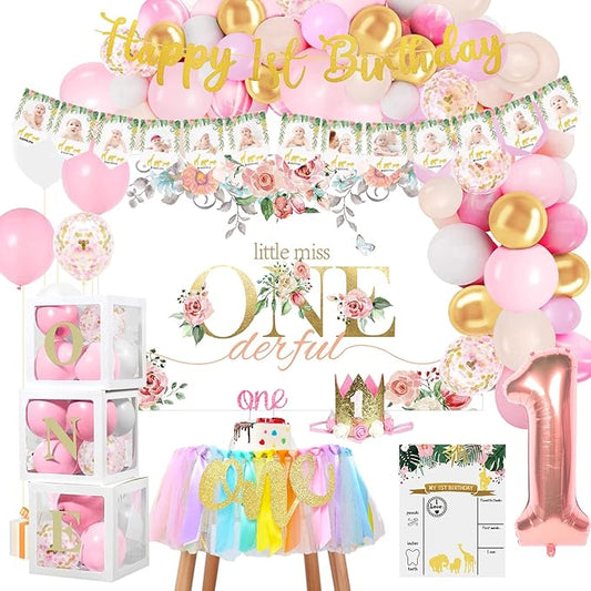 First Birthday Decorations Girl - 1st Girl Decorations Include Balloon Garland Arch, Box, Backdrop, Hat, Banner, High Chair Banner, Poster, Topper, Baby Girl 1st Party Decorations