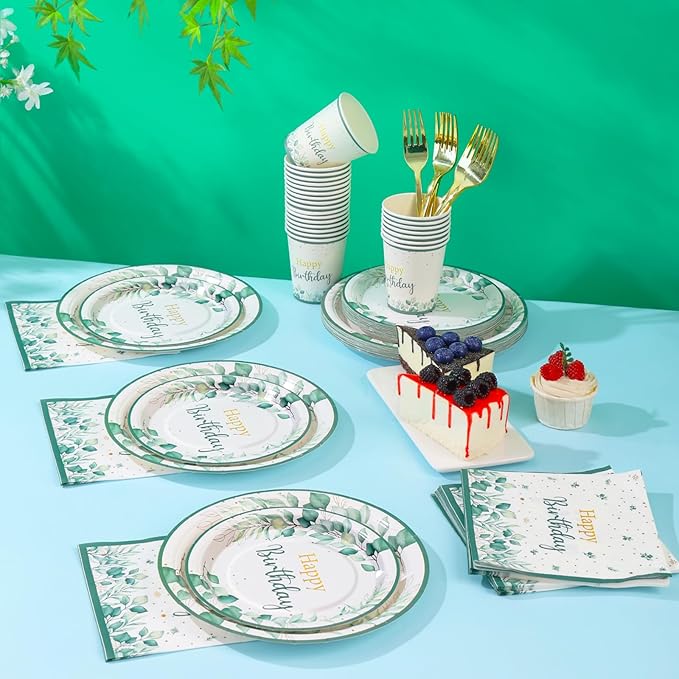 Sage Green Birthday Decorations for Women, Happy Birthday Plates and Napkins Set 168Pcs, for Boho Neutral Sage Green Decorations, Serve 24