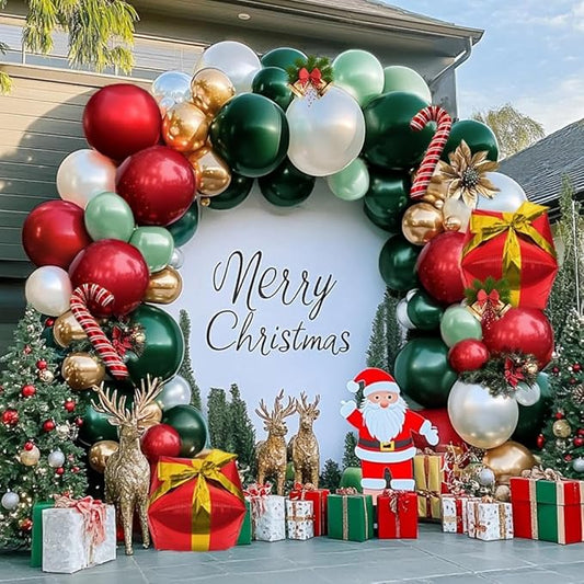 Christmas Balloon Arch Kit, Double Stuffed Dark Green Red Pearl White Gold Balloons Emerald Green Burgundy Balloon Garland for Christmas New Year Xmas Birthday Wedding Festival Party Decorations