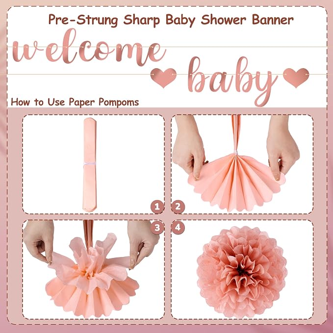 Kriyokiaa 15 Pcs Baby Shower Decorations for Girl Dark Rosegold Baby Shower Decorations with Welcome Baby Banners Paper Flower Pom Poms Perfect for Indoor & Outdoor Celebrations
