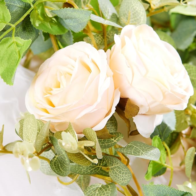 PONKING Flower Garland Artificial Rose Vine Flowers Hanging Fake Roses Vines for Wedding Birthday Party Valentines Christmas Room Wall Arch Decor, 2 Champagne Floral Garland, High Realistic
