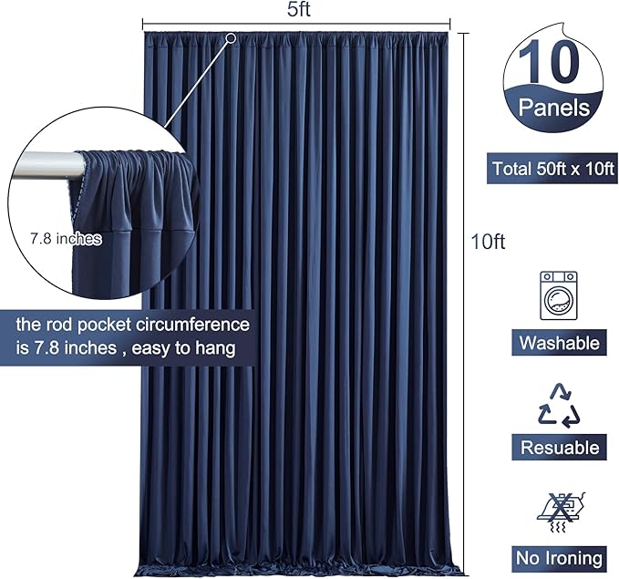 10 Panels Navy Blue Backdrop Curtain for Parties Wedding Wrinkle Free 50ft x 10ft Backdrop Drapes Panels for Baby Shower Gender Reveal Birthday Photo Photography Polyester Fabric Background Decoration