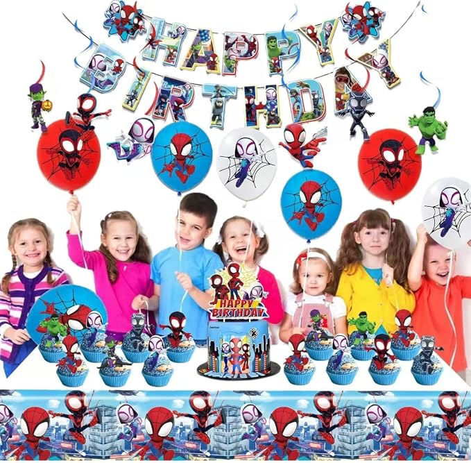 Cartoon spidey-themed birthday party supplies. These decorations include "Happy Birthday" banners, tableware, tablecloths, balloons, large and small skewers, and party-themed decoration sets.