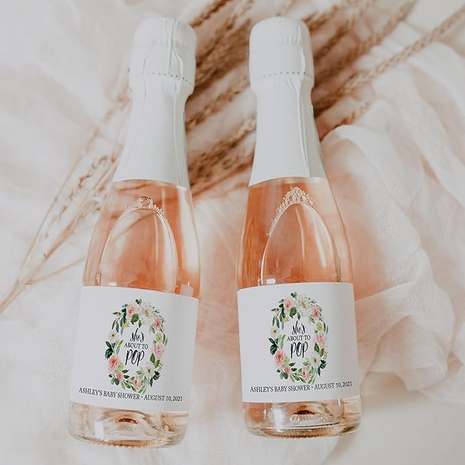 It’s a Girl Mini Champagne Bottle Labels ● SET of 12 ● She’s Ready To POP Baby Shower Favor Label, About to POP Thank You Favors, Pink Baby Shower Gender Reveal Stickers Waterproof (Blossoms)